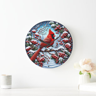 Grande Horloge Ronde Chanson du Cardinal d'hiver" - Décor de la nature 