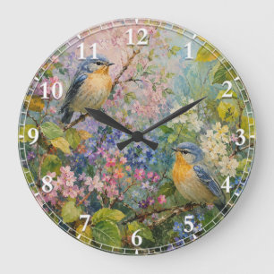 Grande Horloge Ronde Chants d'oiseaux parmi les fleurs