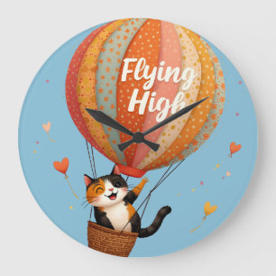 Grande Horloge Ronde Charmant Chat Montgolfière Art Fantaisiste