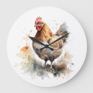 Grande Horloge Ronde Charme de la ferme : Aquarelle de poulet