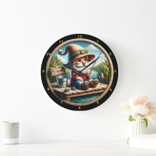 Grande Horloge Ronde Charming Gnome Fishing Pond
