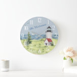 Grande Horloge Ronde Charming Watercolor Lighthouse Nom de la scène côt<br><div class="desc">Une belle scène — le Charming Coastal White and Red Lighthouse — le petit voilier au loin — personnalisée avec le nom de famille,  comme vous le souhaitez. Toute question de conception n’est qu’à envoyer un conversation ou un courriel à charmdesignstudio@rcn.com et nous serons ravis de vous aider.</div>