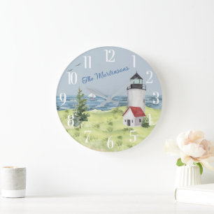 Grande Horloge Ronde Charming Watercolor Lighthouse Nom de la scène côt