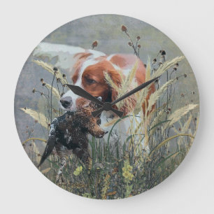 Grande Horloge Ronde Chasse avec Epagneul Breton