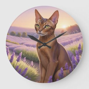 Grande Horloge Ronde Chat abyssin dans un champ de lavande