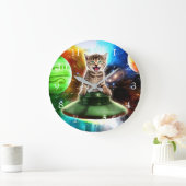 Grande Horloge Ronde Chat Alien dans la soucoupe de l'ufo (Maison)