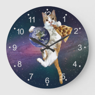 Grande Horloge Ronde Chat avec une planète et manger une pizza