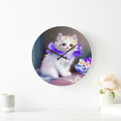 Grande Horloge Ronde Chat blanc avec collier de fleurs violettes (Maison)