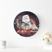 Grande Horloge Ronde Chat blanc sur la pizza (Maison)
