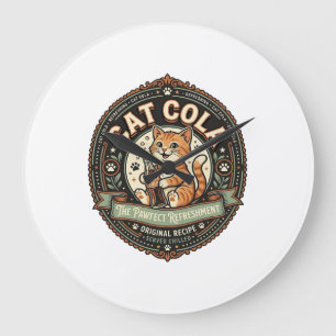 Grande Horloge Ronde Chat Cola Chat Étiquette de Boisson Gazeuse Chat V