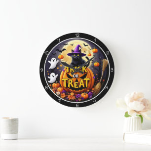 Grande Horloge Ronde Chat de Halloween 'Trick or Treat'
