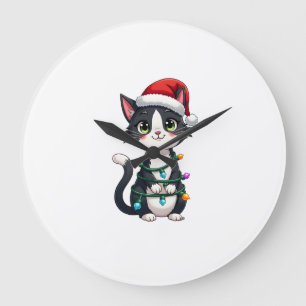 Grande Horloge Ronde Chat de Noël Smoking chat noir Noël lumières minou