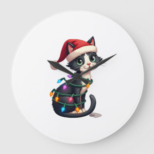 Grande Horloge Ronde Chat de Noël Smoking chat noir Noël lumières minou