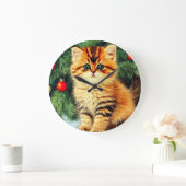 Grande Horloge Ronde Chat de Noël Vintage (Maison)