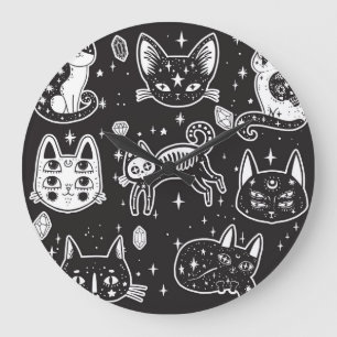 Grande Horloge Ronde Chat de sorcière : Illustration Vintage isolée