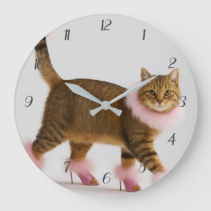 Grande Horloge Ronde    Chat de Style en Talons Roses et Glamour Douill