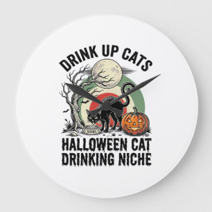 Grande Horloge Ronde Chat d'Halloween buvant Vintage Moon Party Shirt_1