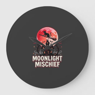Grande Horloge Ronde Chat d'Halloween en lumière de lune méfait