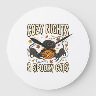 Grande Horloge Ronde Chat d'Halloween Magie d'Automne