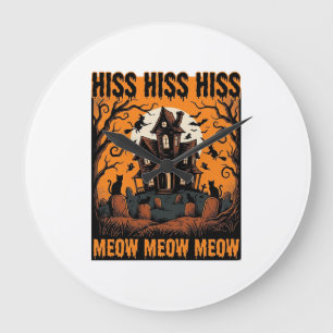 Grande Horloge Ronde Chat d'Halloween Miaou Maison de Sorcière Vintage