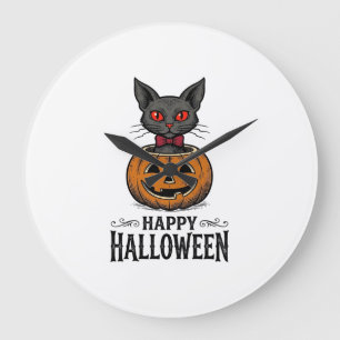 Grande Horloge Ronde Chat d'Halloween Mignon Citrouille Vintage Épouvan