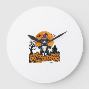 Grande Horloge Ronde Chat d'Halloween Sorcière Citrouille Vintage Épouv