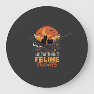 Grande Horloge Ronde Chat d'Halloween sous la magie de la lune