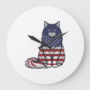 Grande Horloge Ronde Chat drapeau patriotique dessin de t-shirt vintage