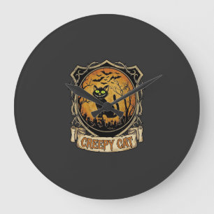 Grande Horloge Ronde Chat effrayant Halloween Chauve-souris de cimetièr