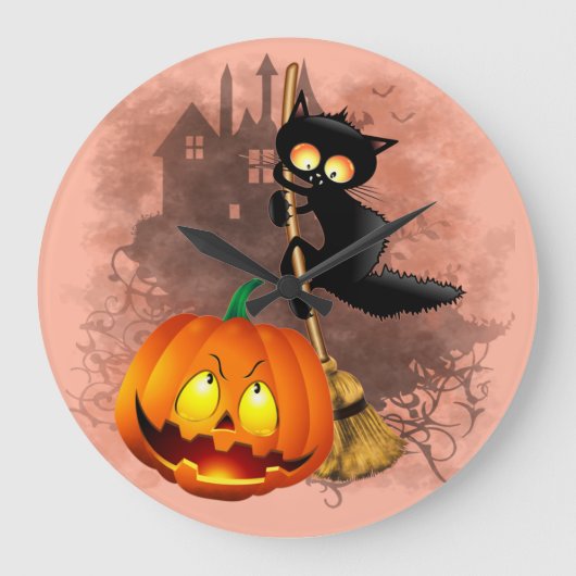 Grande Horloge Ronde Chat effrayé par Citrouille Fun Halloween caractèr (Recto)