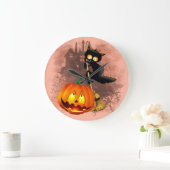 Grande Horloge Ronde Chat effrayé par Citrouille Fun Halloween caractèr (Maison)