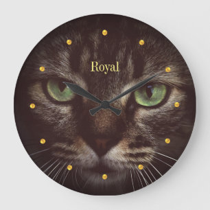 Grande Horloge Ronde Chat élégant tabby et points dorés