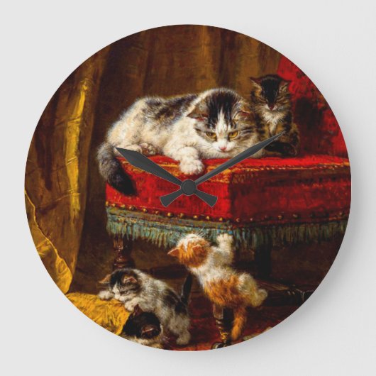 Grande Horloge Ronde Chat et chatons Jouer avec chaise (Recto)