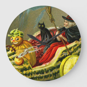 Grande Horloge Ronde Chat et sorcière vintage d'Halloween noir