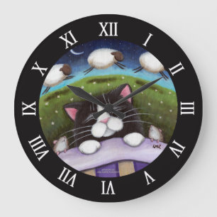 Grande Horloge Ronde Chat et souris de sommeil rêvant des moutons
