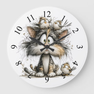Grande Horloge Ronde Chat fantaisiste avec des oiseaux
