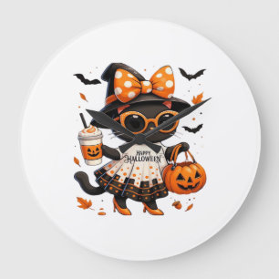 Grande Horloge Ronde Chat Kawaii Halloween � Chat Sorcière avec Citroui