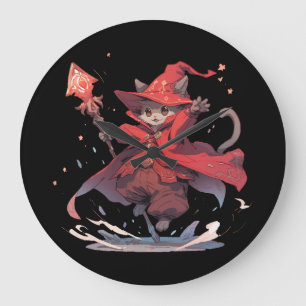 Grande Horloge Ronde Chat Mage Rouge mûre