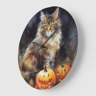 Grande Horloge Ronde Chat Maine Coon Halloween avec des citrouilles eff