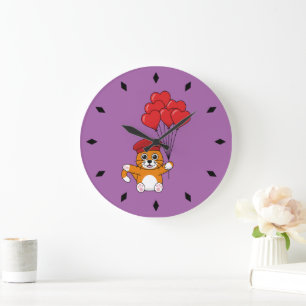 Grande Horloge Ronde Chat mignon avec Ballons de Coeur Rouge
