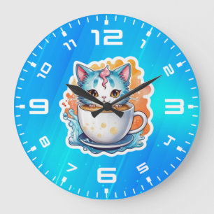 Grande Horloge Ronde Chat Mignon Avec Tasse À Café Dessin Animé-94678