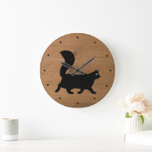 Grande Horloge Ronde Chat noir à pied avec longue queue Faux Bois (Maison)
