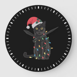 Grande Horloge Ronde Chat noir coquin avec lumières de Noël et chapeau