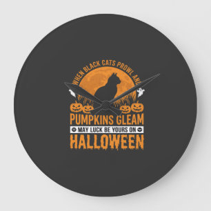 Grande Horloge Ronde Chat noir de Halloween Citrouille Lune Design_1
