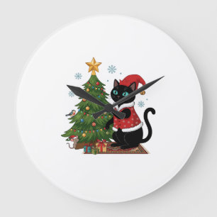 Grande Horloge Ronde Chat noir de Noël Chapeau de Père Noël Arbre Souri