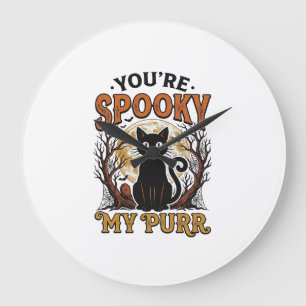 Grande Horloge Ronde Chat Noir Effrayant Pun Halloween Gravure Vintage