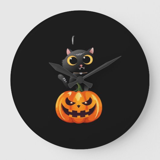 Grande Horloge Ronde Chat noir Halloween Design - Art Citrouille Éffray (Recto)