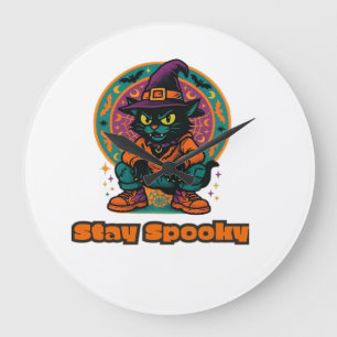Grande Horloge Ronde Chat noir Halloween Restez Spooky Chat sorcière ré