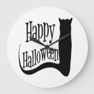 Grande Horloge Ronde chat noir "Joyeux Halloween"