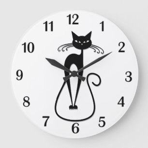 Grande Horloge Ronde Chat noir maigre fantaisiste nombres noirs